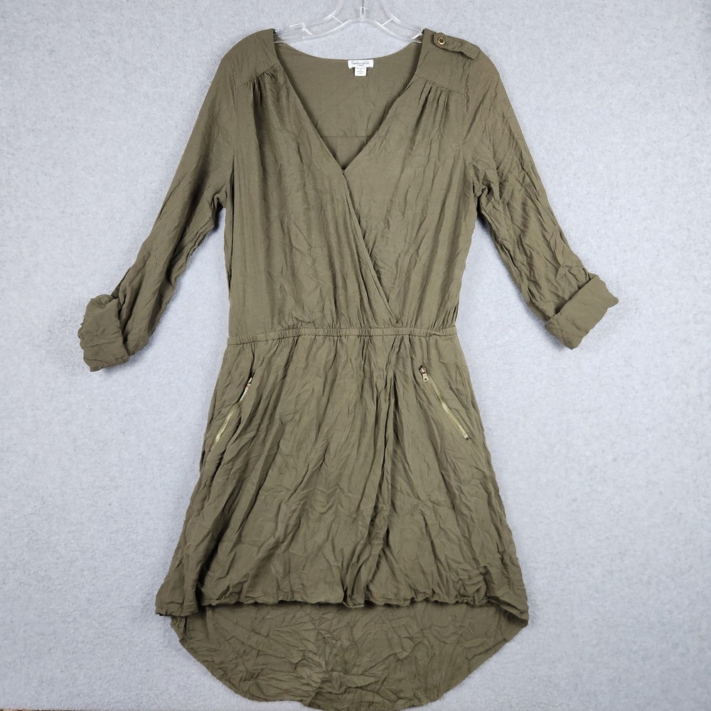 Splendid Wrap Dress Women Large Olive Green Utility Roll Tab Sleeve High-Low Hem